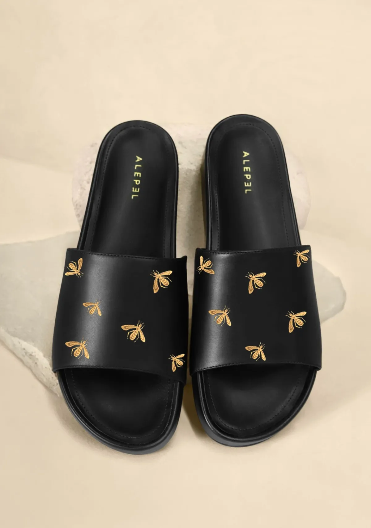 Online Alepel Gold Metallic Bees Black Slip On